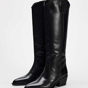 Zara Black Genuine Leather Cowboy/Western Boots